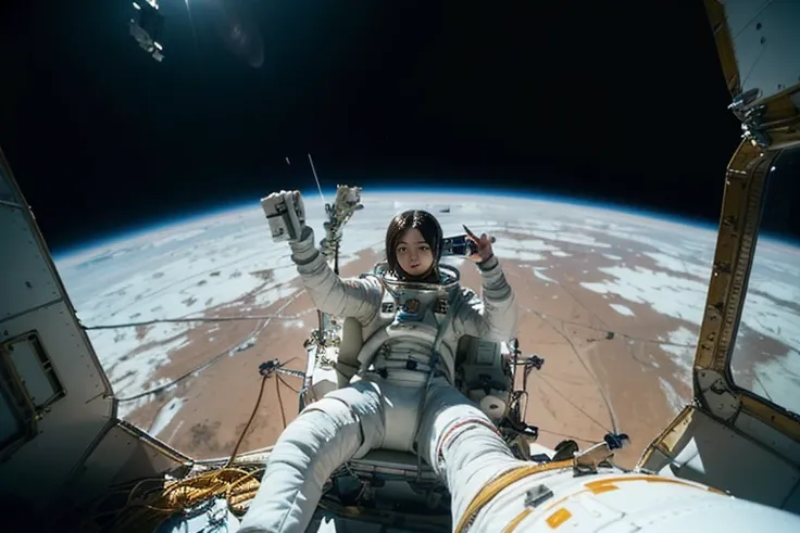 (((Spacecraft extravehicular activity))), (((Woman doing a spacewalk))), (((The world of Mad Max))) , (((universe space))),A boldly composed photograph of a Japanese woman, as if taken by a famous artistic photographer, (((Blockbuster art photography)), (8...