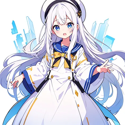 Mouth open、Pure white background、tachi-e、Standing still、Hands at sides、White hat with gold decoration、Long white hair、Sailor&#39;White uniform、Large Breasts