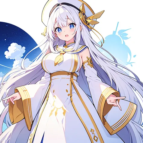 Large Breasts、Mouth open、Pure white background、tachi-e、Standing still、Hands at sides、White hat with gold decoration、Long white hair、Sailor&#39;White uniform