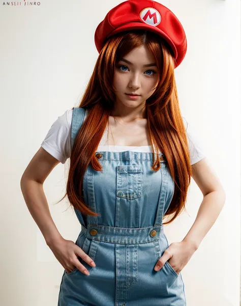 Masterpiece, best quality, 8k UHD, RAW photography, photorealistic, cinematic, 1girl, with long flowing hair, wearing a Mario costume of the videogames Super Mario, standing in a shy pose with her hands behind her back, magical atmosphere, simple white bac...