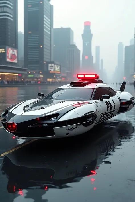 Hovercraft ship with police car paint, black and white Japanese police spec, The red police light flashes