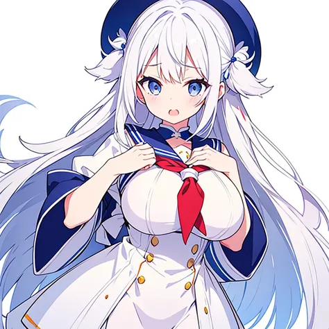 Large Breasts、Mouth open、Pure white background、tachi-e、Standing still、Hands at sides、Long white hair、Sailor&#39;White uniform