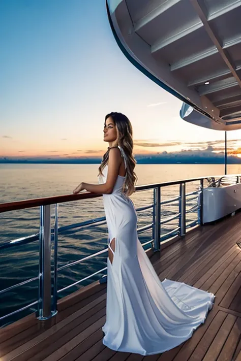 Draw a 2-deck motor yacht standing on a pier, there is a blue sea behind, on the left side in the distance there is a shining bridge, clear sky, a little twilight, the yacht is all aglow, from the side there is a retractable balcony on which stands a beaut...