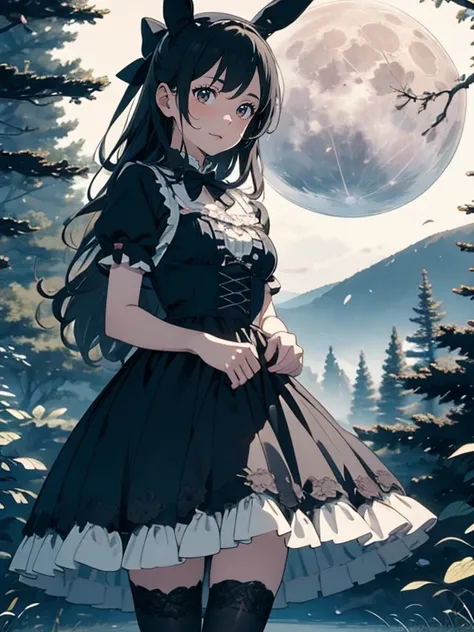 Best Quality, Super detailed, (Ultra-high resolution,8k), Ultra-high definition 4K, A gothic lolita bunny girl with long black hair and pale skin, standing in a dark forest with a full moon behind her