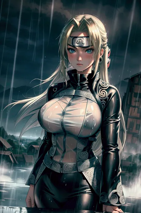 (8k, Best Quality, Dramatic, View your viewers, Teenage girl, Intricate details:1.3),(One woman, Tsunade from naruto, Big Breasts, I can see the valley), (White color, Ninja clothing, See-through, Sweating, Standing posture that shows the whole body, Being...