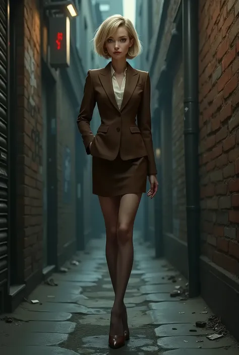 Woman , white skin, blue eyes, aquiline nose,short blond hair , short stature , brown business suit , brown stockings , brown short skirt , brown shoes . alley