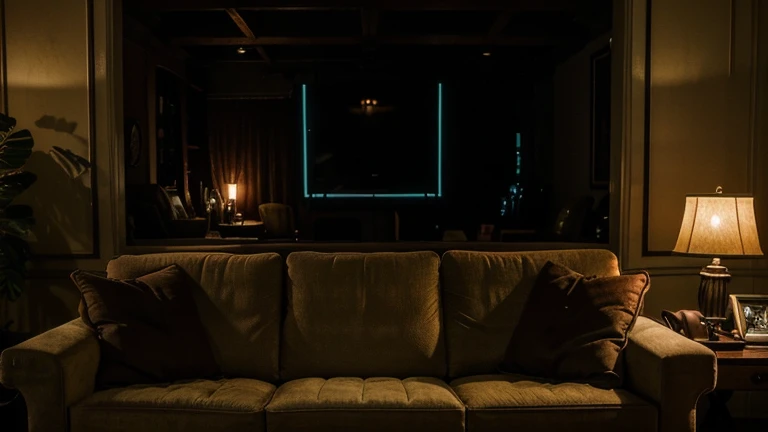 A dimly lit living room with vintage decor, focusing on a cozy couch and a glowing phone screen, hinting at a peaceful evening before the unsettling events begin.