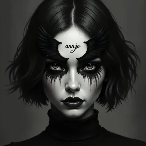 gothic woman face, with black angel wings drawn on the face, short hair, written on the face ANNJO