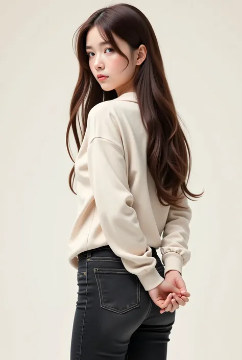 a photorealistic image of a young woman with long, straight brown hair, wearing a light hoodie and dark jeans. she stands casual...