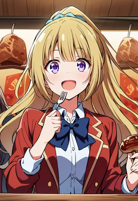 A girl offers a piece of meat on a fork to a spectators mouth,smile,open mouth,Meat Festival,stall, Kei Karuizawa, yellow hair, long hair, ponytail, scrunchie, purple eyes, school uniform, red jacket, blue bow, white skirt