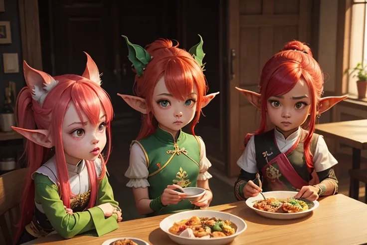 PastelGothAI, goblin, pointy ears, red hair green clothes