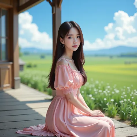 A hyper-realistic photo of a young Asian woman, with incredibly detailed and lifelike facial features and body, seamlessly integrated into an anime-style countryside scene. The woman has long, dark hair and wears a pastel-colored dress with puffed sleeves....