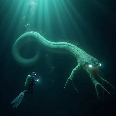 {
  "prompt": "A colossal, serpentine prehistoric sea creature known as Magnobrachium abyssalis, moving gracefully through the dark, deep underwater abyss. Its massive, snake-like body is covered in irregular bone plates that undulate with the water curren...