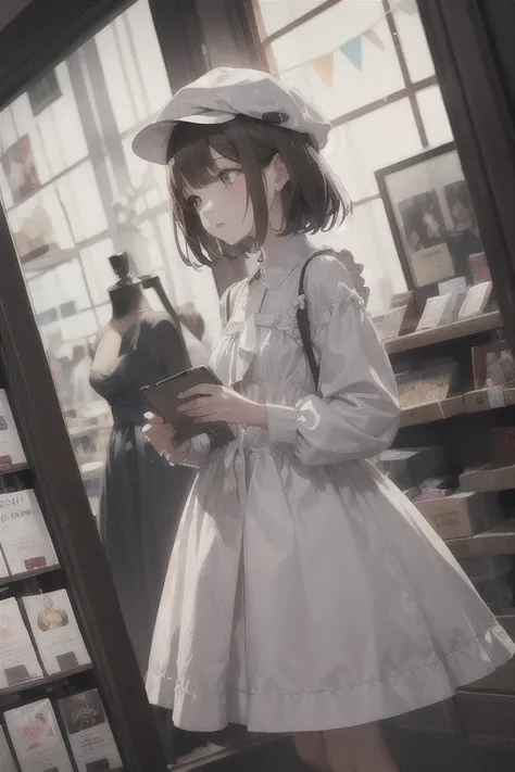 ((Dramatic Angle))、Wearing a white newsboy cap、Brown bob hair girl、White dress、Window shopping、whole body、High resolution, masterpiece, 8k