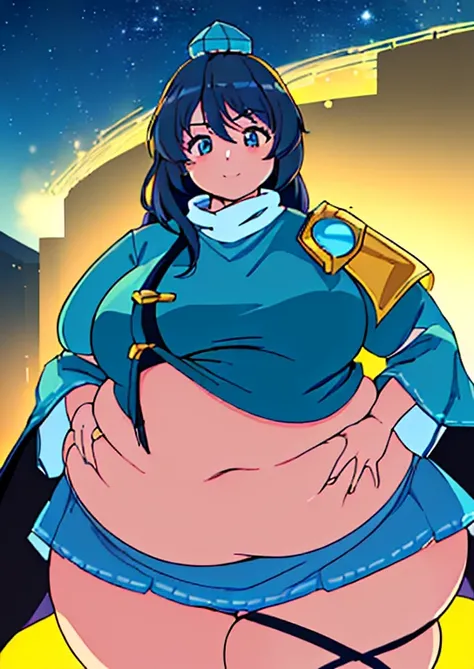 ((best quality, 4k, 8k, anime girl, masterpiece)), ((((beautiful extremely detailed face)))), (((beautiful eyes))), ((hard skin)), cinematic lighting, ((perfect anatomy)), (((chubby, SSBBW, tall, (((extremely huge belly, very round belly, huge bulging bell...