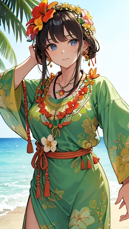 ((Best Quality)), ((masterpiece)), (Detailed face and eyes), Perfect Face, Wearing a muumuu,Tropical, Flower Necklace, Okinawa dress, Okinawa lei around neck, Flowers on head, Cowboy Shot, At the Beach, Mature