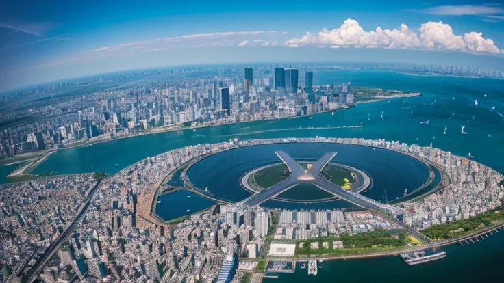 Tokyo Bay、A city on a giant float、The space elevator rises from the center