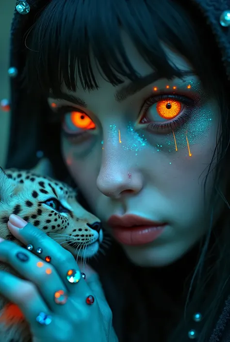 Ultra realistic detailed digital art masterpiece, very close up face portrait, mysterious dark fairy scary woman, tiny magical turquoise snow leopard creature next to her , soft apricot sparkling bright blue neon striped colored, bioluminescence, wearing a...