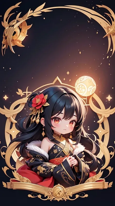 This image features a chibi-style character with striking black hair, adorned with enchanting, elaborate attire made of sheer crimson fabric that flows gracefully around them. The character is levitating, holding a delicate Edo kiriko glass intricately cov...