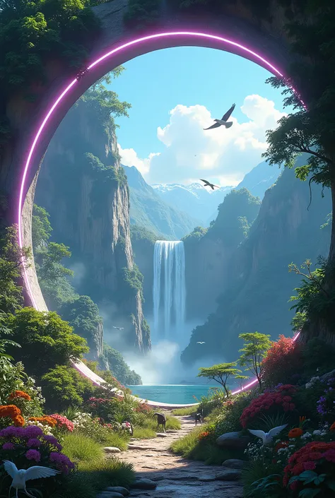 Create a portal with round neon edges at the bottom of the portal a lush planet with many huge waterfalls and true and flowering mountains with various animals serving the portal around the portal a vast flowering forest and various animals scattered aroun...