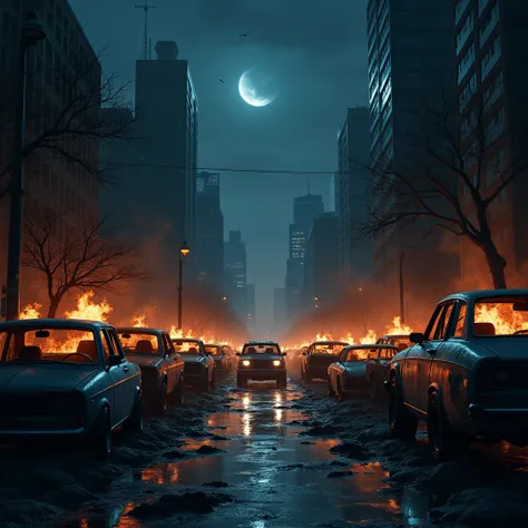 Toronto City, Ontario with streets full of zombies and abandoned cars. Its night and the sky is clear., Fire on cars.