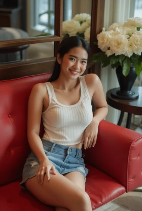 A young Asian woman lounges on a plush red leather sofa, wearing a crisp white tank top and a short blue skirt, her left hand resting on her lap and her right hand crossed over her right leg. A bright smile adorns her face, illuminating her features. The s...