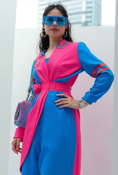 Midframe shot of a 2 model with dark hair, styled in bold modern attire featuring contrasting bright pink and electric blue hues. The branded pieces - a chunky silver watch and oversized sunglasses - are creatively integrated into the outfit, adding an edg...