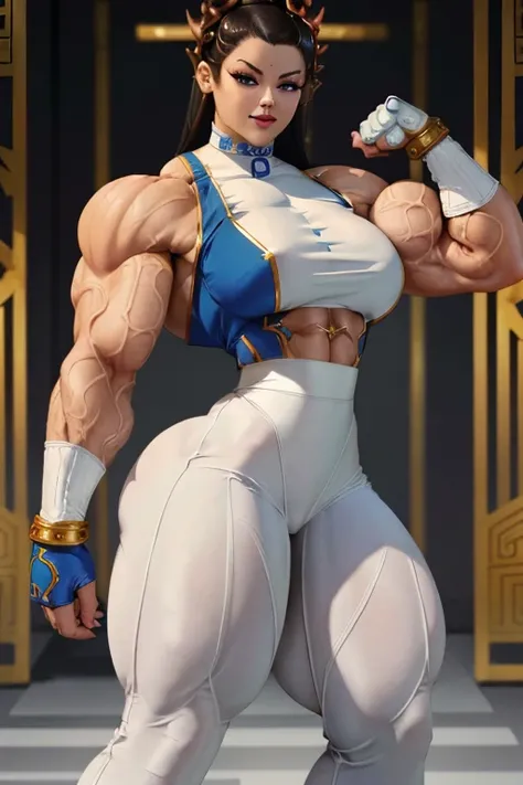 ((Close-up)), tall, ((White hair)) beautiful muscular woman, long straight hair, brown skinned, closed smile, (black lipstick), (massive muscles), (hyper muscle), (ginormous bulky muscles), blue eyes, (((((white Chun I-li outfit with pants))))), (fingerles...