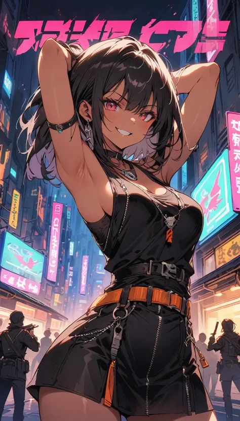 Beauty　smile　Reckless attitude　Evil look　tits　kimono　samurai　knife　cyborg　Neon city at night　Machine City　Cyberpunk　rooftop　stand　Hands on hips　Armpits