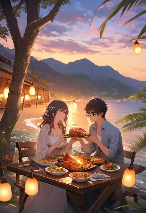 generate a realistic digital illustration of a beautiful couple are having dinner on a beautiful beach. they are sitting alone under the tree. beautiful sunset. The orange light of the sun is scattered in the sky through the coulds, on the other side of th...