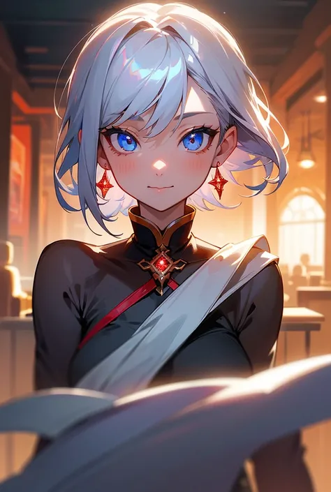 Beautiful illustrations, Best Quality, pretty girl,Fractal Art, Blue Eyes, Short pure silver hair, Beautiful detailed red eye, Cinematic Lighting,Red earrings, View your viewers, happy,solo,cafe,Anatomically correct, 目が星, キラキラエフェクト, 