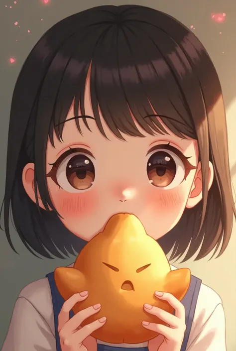 a girl eating an odd shaped piece of food in the light, a picture, cute natural anime face, ulzzang, small round face, macaron