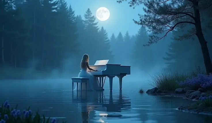 The whole place is filled with deep blue light., There is a small lake in the forest, Blue Water. There are many maple and tamarack trees around the lake., There are lots of blue flowers blooming around.. There is a white grand piano on the lake, With the ...