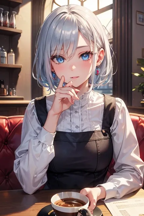 Beautiful illustrations, Best Quality, pretty girl,Fractal Art, Blue Eyes, Short pure silver hair, Beautiful detailed red eye, Cinematic Lighting,Red earrings, View your viewers, happy,solo,cafe,coffee,Anatomically correct,