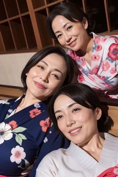 a mature, attractive  woman, mature beauty, large breasts, smiling, masterpiece, highest quality, wearing a yukata, hot spring, two women, sisters, hair tied up、Lying on your back、She feels ecstasy