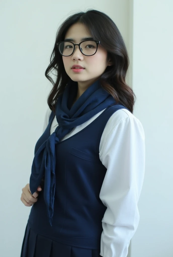 a young woman, dressed in a navy blue and white school uniform, adorned with a blue scarf tied around her neck. She is standing in front of a white wall, her hair cascading over her shoulders, adding a touch of movement to her face. Shes wearing a pair of ...