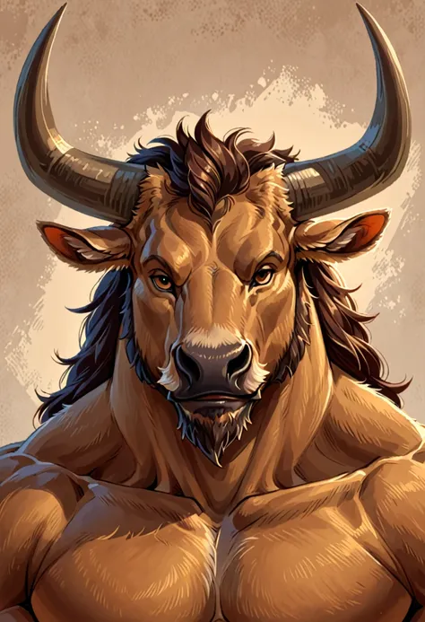 Solo, portrait, furry, male, minotaur, tan fur