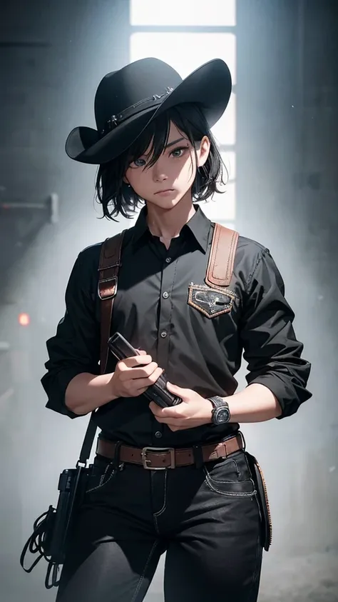 1 child, Cowboy photo by re4leon,black shirt, funda, black pants, athletic, volumetric lighting, The best quality, masterpiece, intricate details, toning, sharp focus, hyper detailed, trends on Artstation, looking at the viewer, realistic 