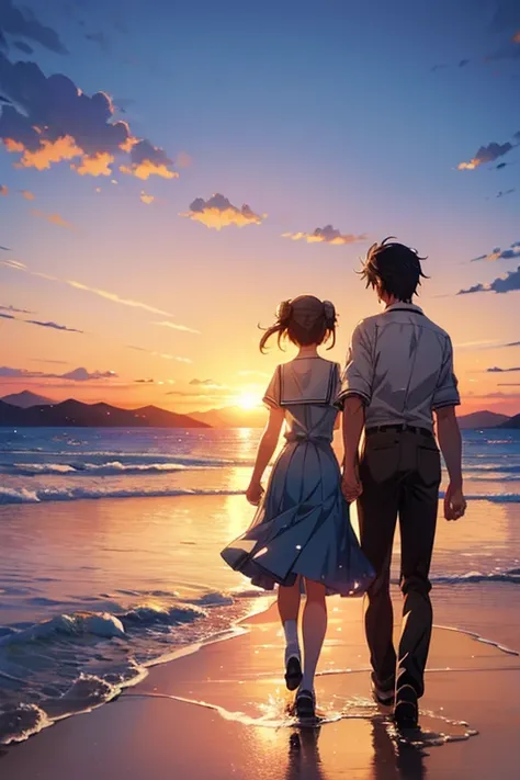 High quality masterpiece, landscape, concept art, lofi art style, by Makoto Shinkai, Beautiful anime scene, Anime landscape, detailed scenery, enhanced details, very detailed, a memory of summer, 1 female and 1 male, hair bun, in school uniforms of summer ...