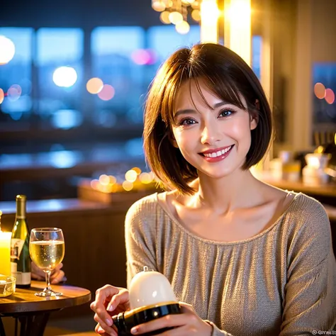 (Realistic, 超Realistic:1.4), 16K HDR, High resolution,(Wine Glasses),(Wine bottle),(Champagne glasses),Age 33,3,Happy smile、short hair,The best smile、Japanese actress,so beautiful(It looks like the real thing),dress、red wine、White Wine、Sparkling wine、Slim ...