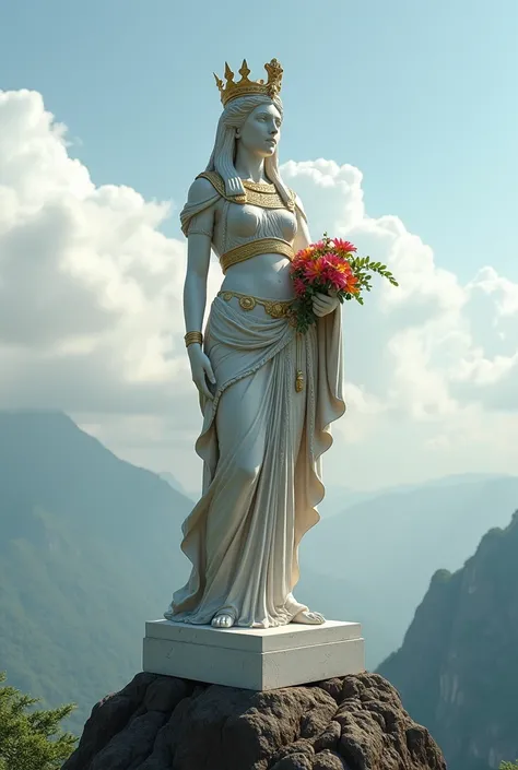 A majestic, ancient Greek style Cleopatra statue, meticulously carved from white marble, standing atop a cloud-covered high mountain peak. The regal figure, adorned with a golden crown and intricate robes, holds a ceremonial scepter in one hand and a bouqu...