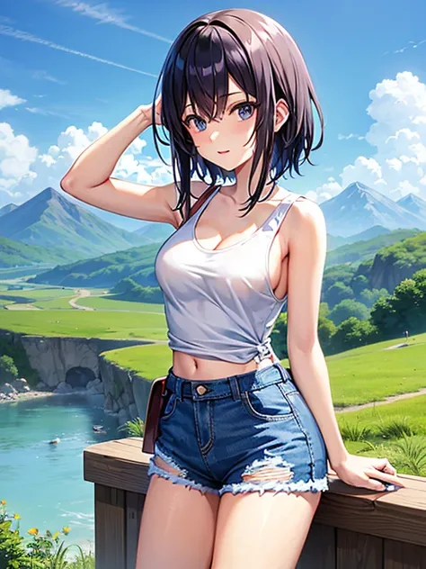 Landscape, Anime Style, countryside, Mountains and clouds in the background、Denim shorts、Tank tops、beautiful girl