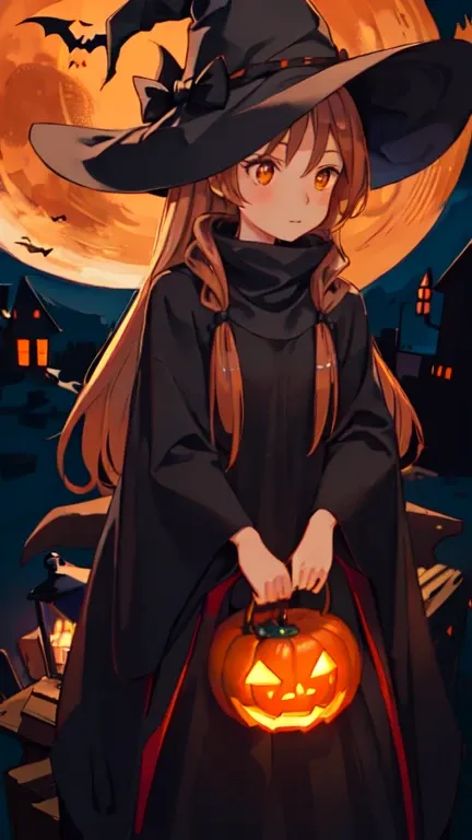 Girl in a long black sweater, Halloween witch hat　Orange lining , Holding a pumpkin with a lit candle in each hand, In the background of her photo、It depicts a bustling pumpkin patch and a moonlit landscape.。Flying bat　Flying ghost