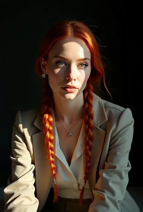 Very young beautiful white European woman with green eyes and she has a crown of red braids and a very long red braid Tailored pants in neutral tones, silk or satin blouse and a light blazer. delicate necklace, small earrings and a structured bag. Comforta...