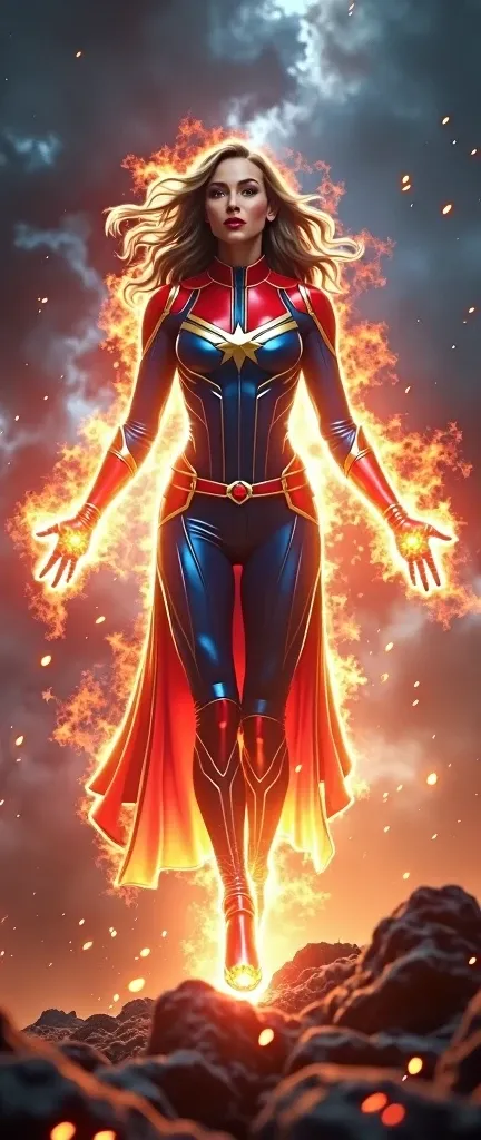 Arms beauty woman emitting an intense radiant aura of cosmic energy like captain marvel