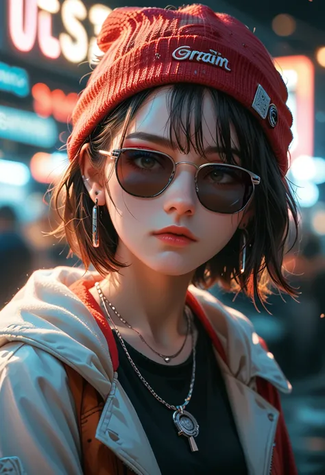 score_9, score_8_up, score_7_up, face close up, alternative girl, watching over black sunglasses, jacket, necklace, neon light reflections on skin, ear ring, makeup, skin imperfection, short hair, beanie, neon lights background, low light, depth of field, ...