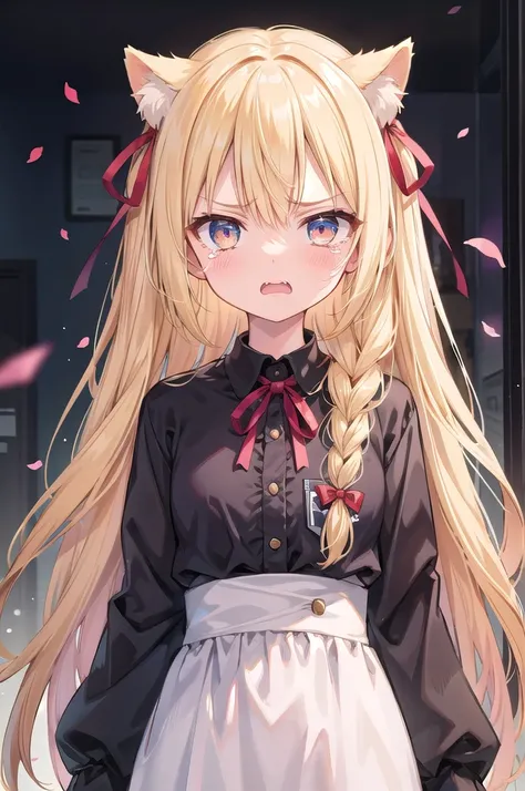 One girl, Long Hair, bangs, Blonde, ribbon, Two braids hanging down on either side, Contempt/Angry Gaze, Tears, Double teeth, whole body