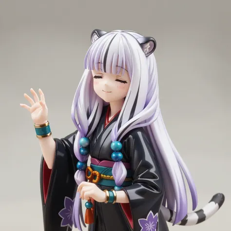 ((masterpiece)), 1girl, solo, long hair, white tiger ears, white tiger tail, closed eyes, standing, blush, smile, latex Kimono, ((black Kimono)), ((lilac Kimono)), multicolored Kimono, bracelet, very cute, ((holding Boardsword)) 