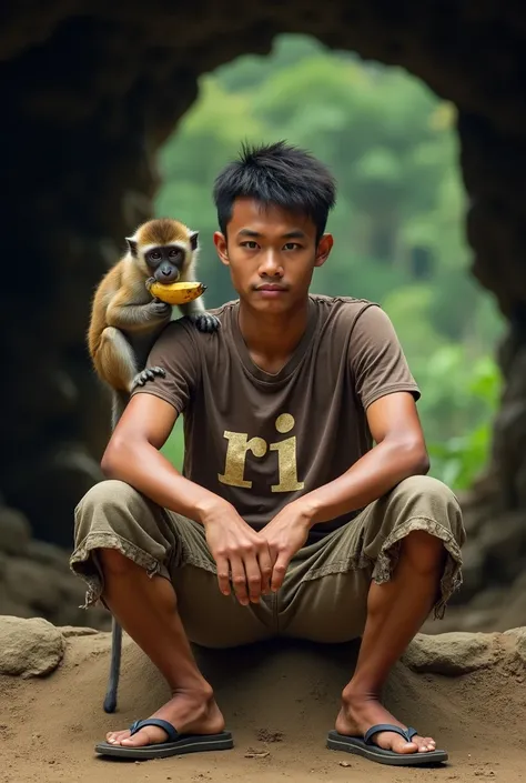 real photography, front view, 16k, ultra HD, high color saturation, a young man from Indonesia, combination hairstyle, looking at the camera, looking towards the front, brown skin color, wearing a torn and worn brown t-shirt, with the words (RI) on his shi...