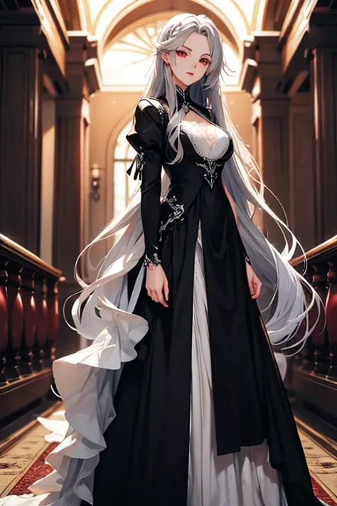 female, Silver hair, Red eye, Long hair, black court dress, medium breasts, 174cm